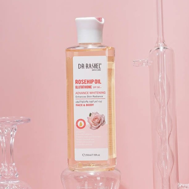 زيت د. راشيل للوجه والجسم بالورد والجلوتاثيون SPF 50+ للتفتيح المتقدم وزيادة إشراقة البشرة